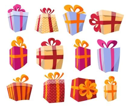 Vector set of different colorful curved perspective gift boxes. Beautiful pre イラスト素材