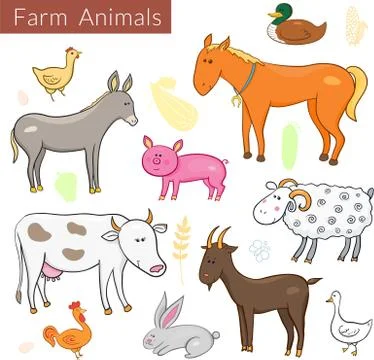 Vector set of different colorful farm animals Stock Illustration