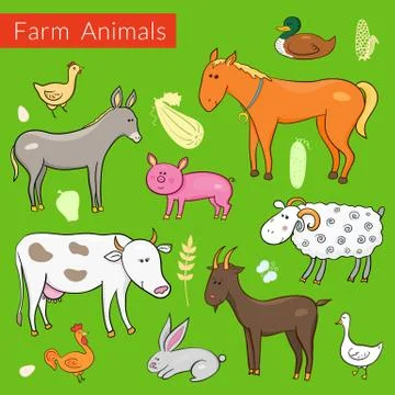 Vector set of different colorful farm animals Stock Illustration