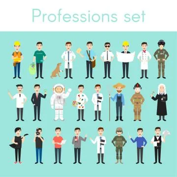 Vector set of different colorful man professions. Cartoon men characters. Doc Stock Illustration