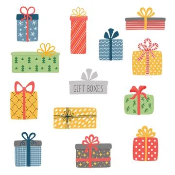 Vector set of different colorful wrapped gift boxes. Christmas gift box. Stock Illustration