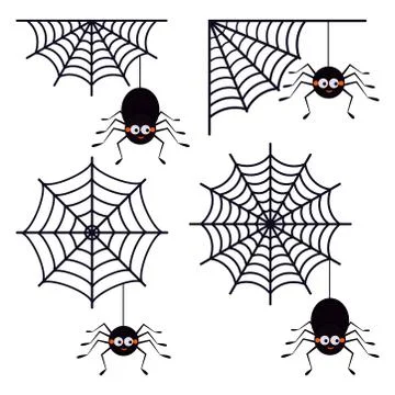 Vector set of different cute smiling black spiders hanging on a string of cob Stock Illustration