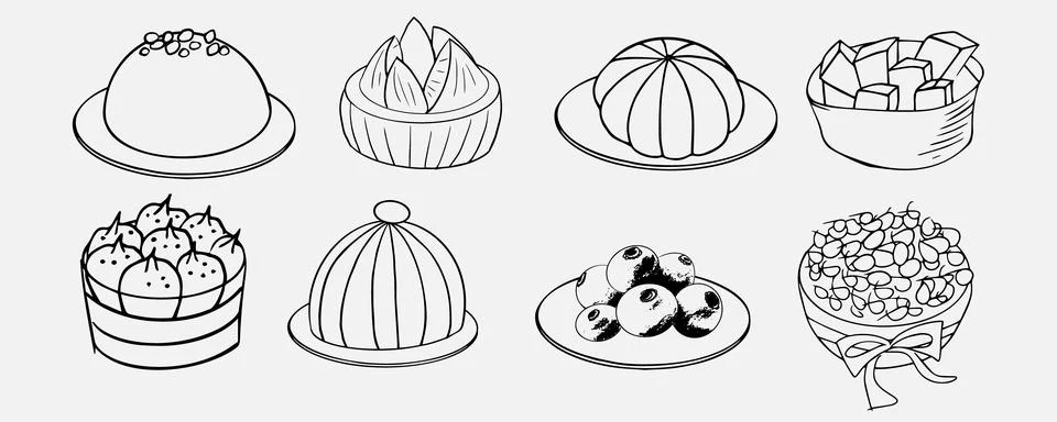 Vector set of different desserts and dishes. Stock Illustration