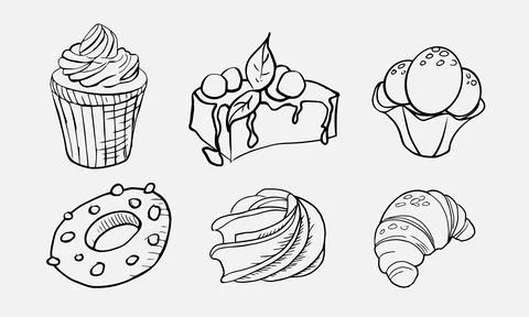Vector set of different desserts. In the style of freehand drawing Stock Illustration