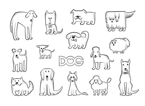 Vector set of different dog breeds. Funny caricature animals characters. Contour Stock Illustration