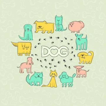 Vector set of different dog breeds. Round frame funny caricature animals Stock Illustration