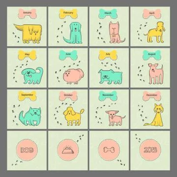 Vector set different dogs breeds. Design calendar for year of cartoon pets and Stock-Illustration