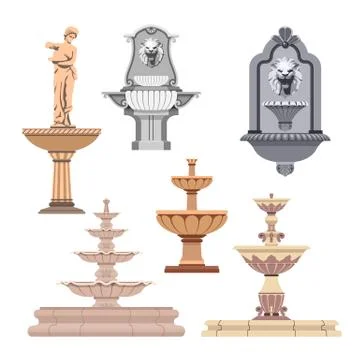 Vector set of different fountains. Design elements and icons Illustrazione stock
