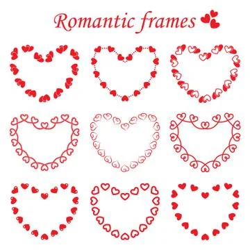 Vector set of different frames in heart shape. Collection of romantic frames Stock Illustration