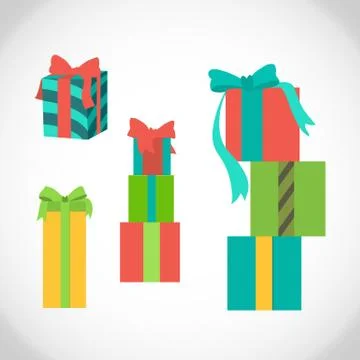 Vector set of different gift boxes with ribbon bows. Holiday colored present Stock Illustration