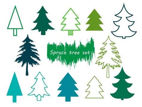 Vector set of different green coniferous trees. Stock Illustration