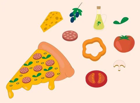 Vector set of different ingredients for pizza with pizza isolated Stock Illustration