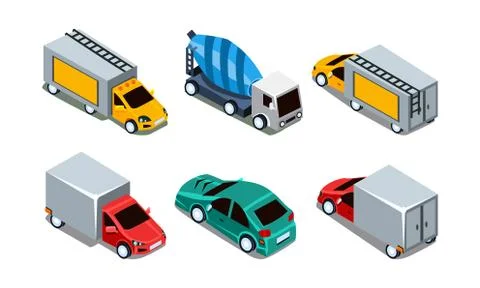 Vector set of different isometric automobiles. Passenger car, cargo trucks and Stock Illustration