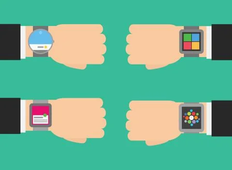 Vector set different kinds of smart watch - round, rectangle, touch screen Stock Illustration