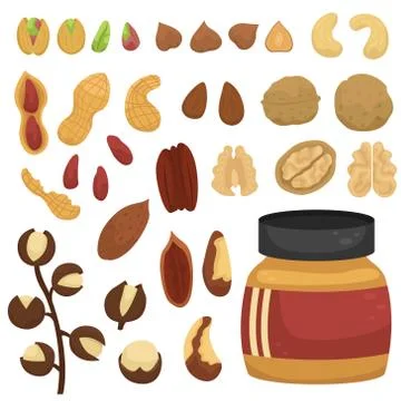 Vector set of different nuts and jars of nut paste. Illustrazione stock