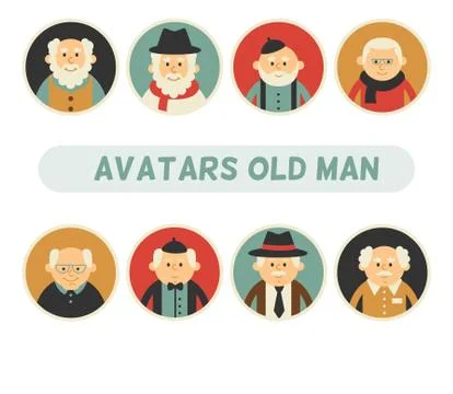 Vector set of different old man with gray hair app icons in flat style. Stock Illustration