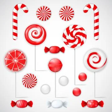 Vector set with different red and white candies and lollipops Stock-Illustration
