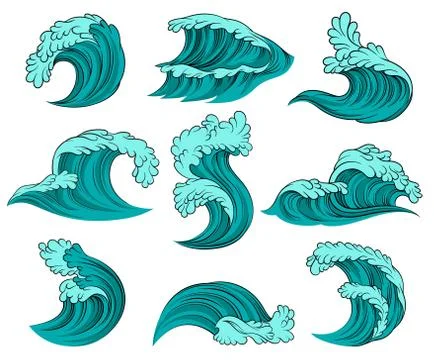 Vector set of different sea waves with foam. High ocean tide. Elements for 스톡 일러스트