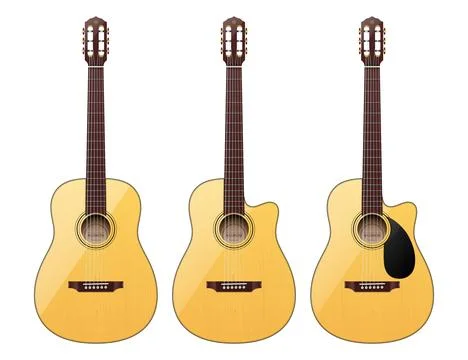 Vector set of different shape realistic classical acoustic guitars, isolated on 库存插图