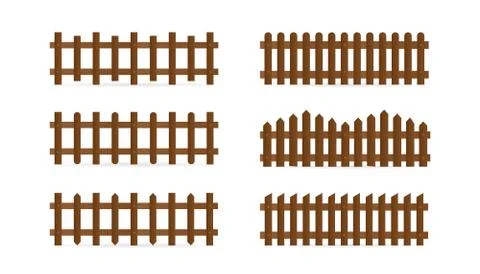 Vector set of different shapes rural wooden fences. Isolated detailed elements Stock Illustration