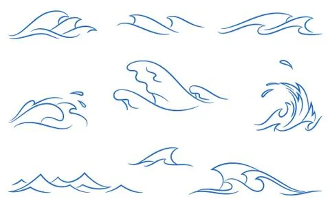 Vector set of a different simple stylized pinstriping ocean waves Illustrazione stock