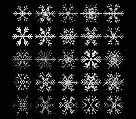 Vector set of different snowflakes on black background Stock Illustration