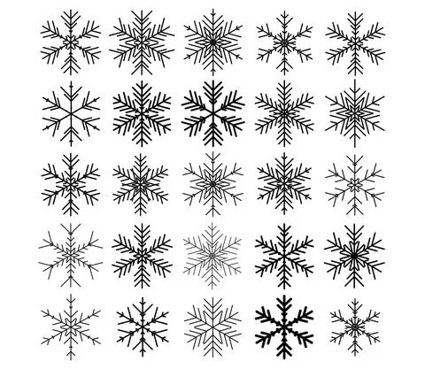 Vector set of different snowflakes on black background Stock Illustration