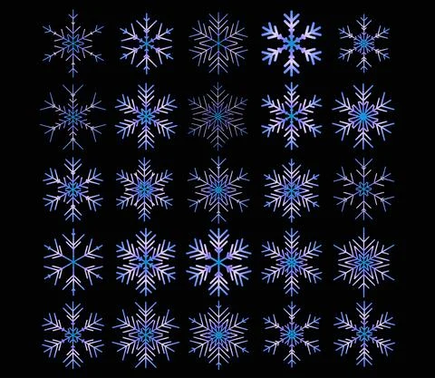 Vector set of different snowflakes on black background Stock Illustration