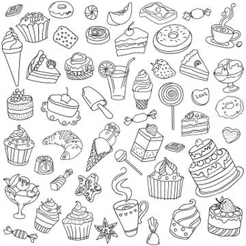 Vector set of different sweets in outlines 스톡 일러스트