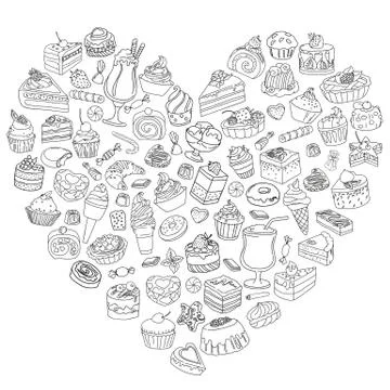 Vector set of different sweets in outlines Illustrazione stock