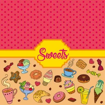 Vector set of different sweets. Sweets background Illustrazione stock