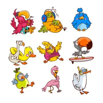 Vector set of different tropical birds in different actions. Exotic humanized Illustrazione stock