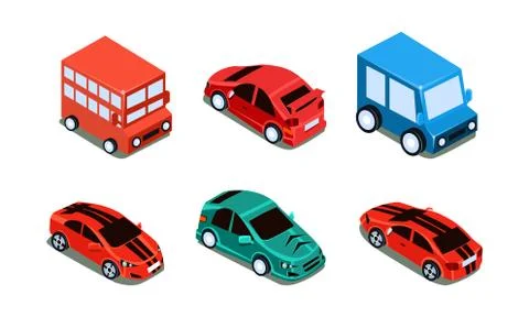 Vector set of different types of automobiles bus, passenger cars and van Stock Illustration