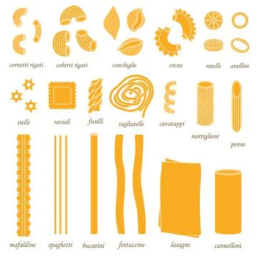 The vector set of different types of italian pasta. Line art and simple style Stock Illustration