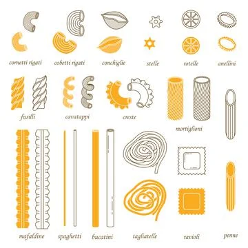 The vector set of different types of italian pasta. Line art and simple style Illustrazione stock