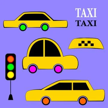 Vector set of different types  taxi cars and  signs. Stock Illustration