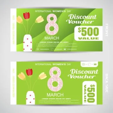 Vector set of discont voucher for 8 of March on the green background with wav Stock Illustration