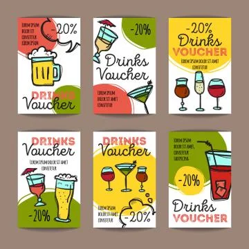 Vector set of discount coupons for beverages. Colorful doodle alcohol drinks  Stock Illustration