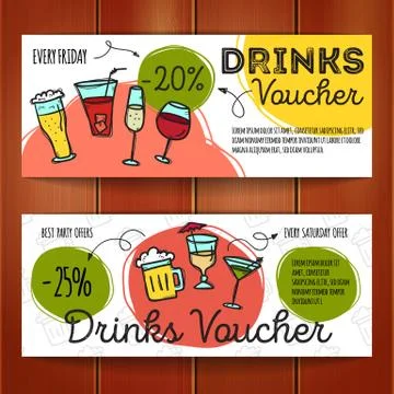 Vector set of discount coupons for beverages. Colorful doodle alcohol drinks  Stock Illustration