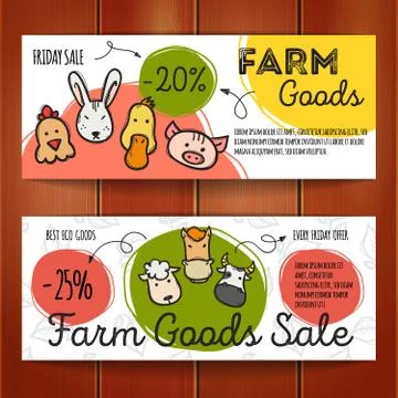 Vector set of discount coupons for eco farm goods. Colorful doodle discount v Stock Illustration