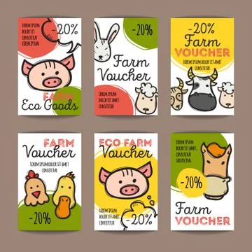 Vector set of discount coupons for eco farm goods. Colorful doodle discount v Stock Illustration