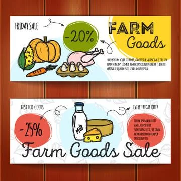 Vector set of discount coupons for farm food. Stock Illustration