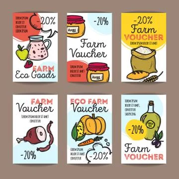 Vector set of discount coupons for farm food. Stock Illustration