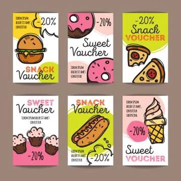 Vector set of discount coupons for fast food and desserts. Colorful doodle di Stock Illustration