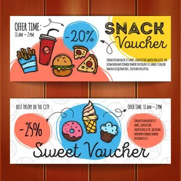 Vector set of discount coupons for fast food and desserts. Colorful doodle di Stock Illustration
