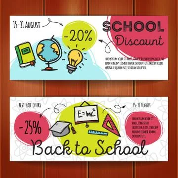 Vector set of discount coupons for school accessories. Colorful doodle discou Stock Illustration