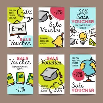 Vector set of discount coupons for school accessories. Colorful doodle discou Stock Illustration