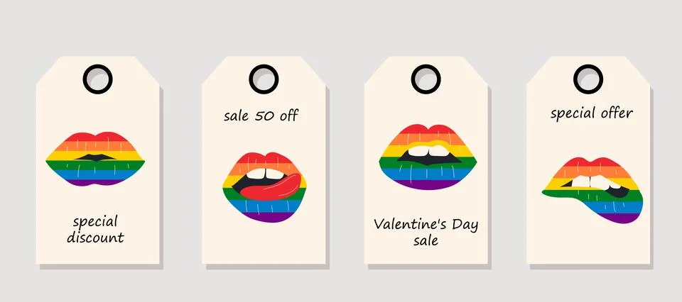 Vector set of discount price tags. Labels with Rainbow lips. Stock Illustration