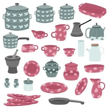 Vector set of dishes, plates and bonfires, cups and teapots. Stock Illustration