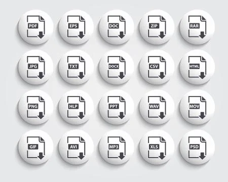 Vector set of document file formats and labels  black icons on a Stock Illustration